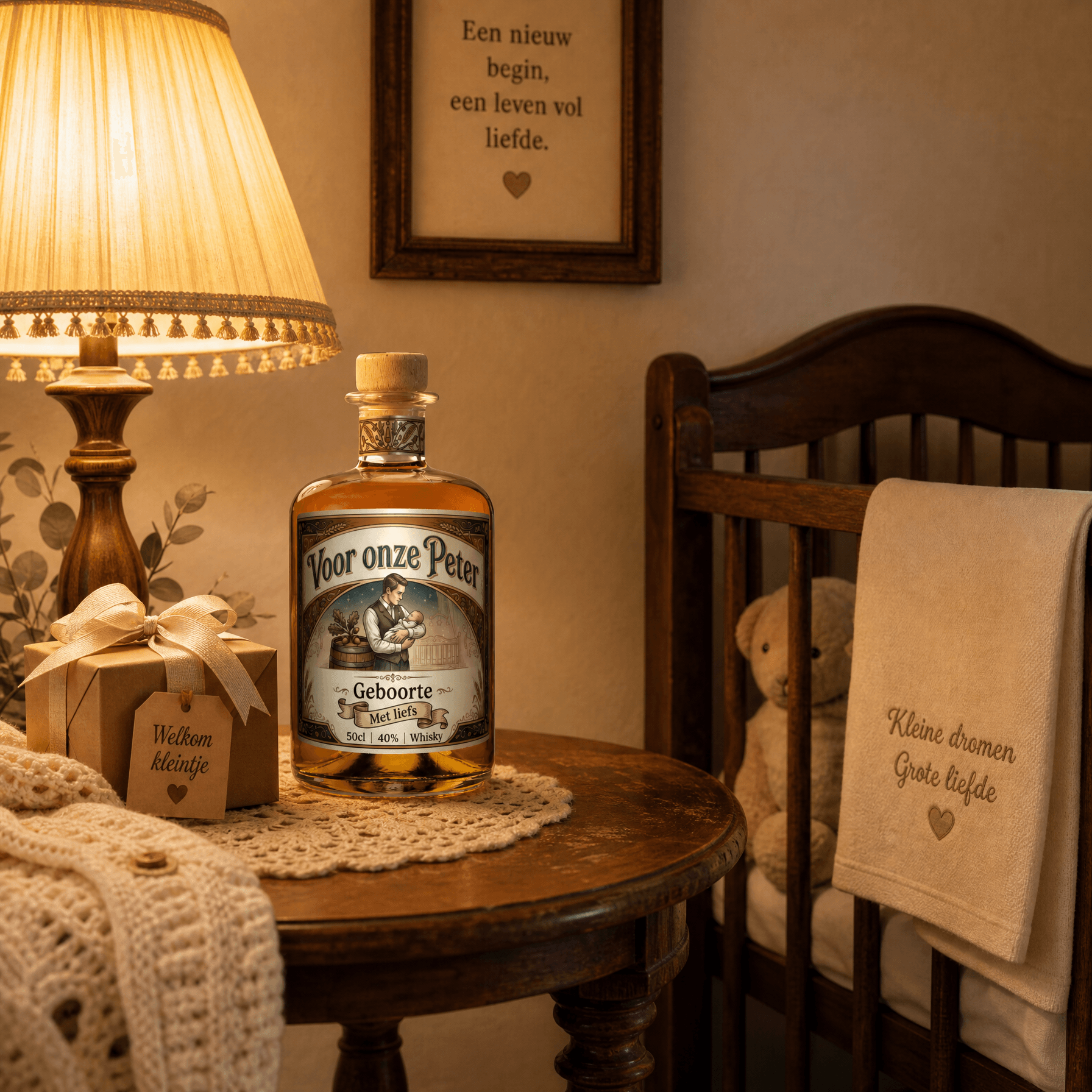 Gepersonaliseerde whisky met bedrukt label als peter-geschenk voor geboorte, elegant op houten tafel in babykamer.