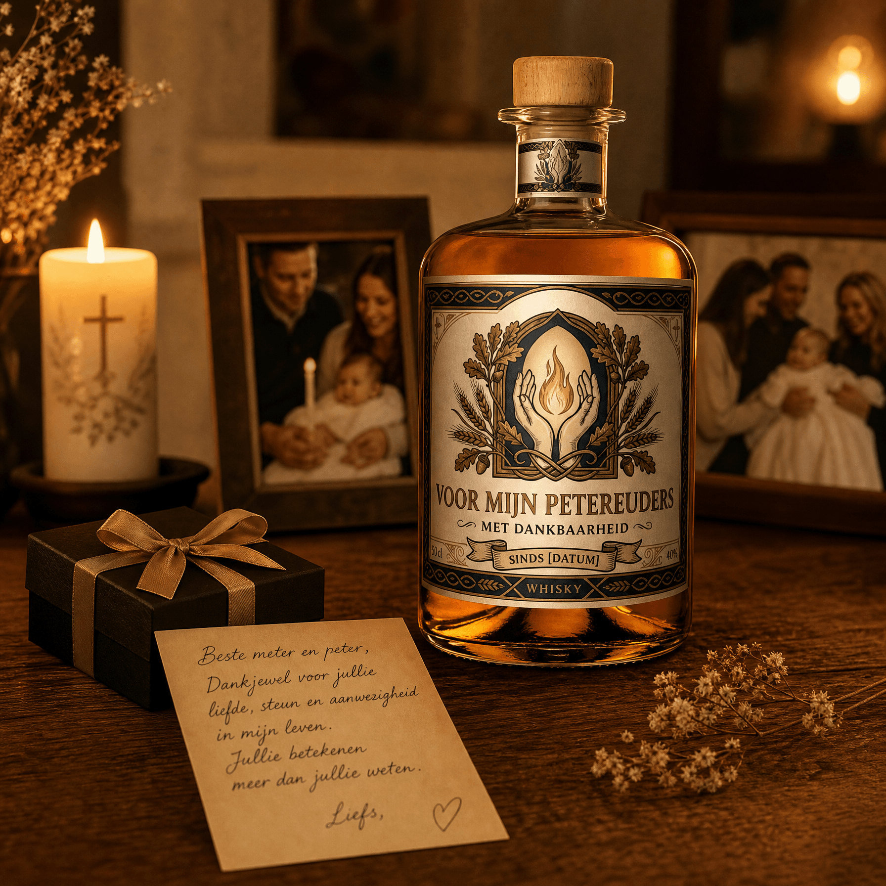 Gepersonaliseerde whisky met bedrukt etiket naast een geschenkdoos, symbool voor een doordacht petergeschenk dat geld en emotie combineert.