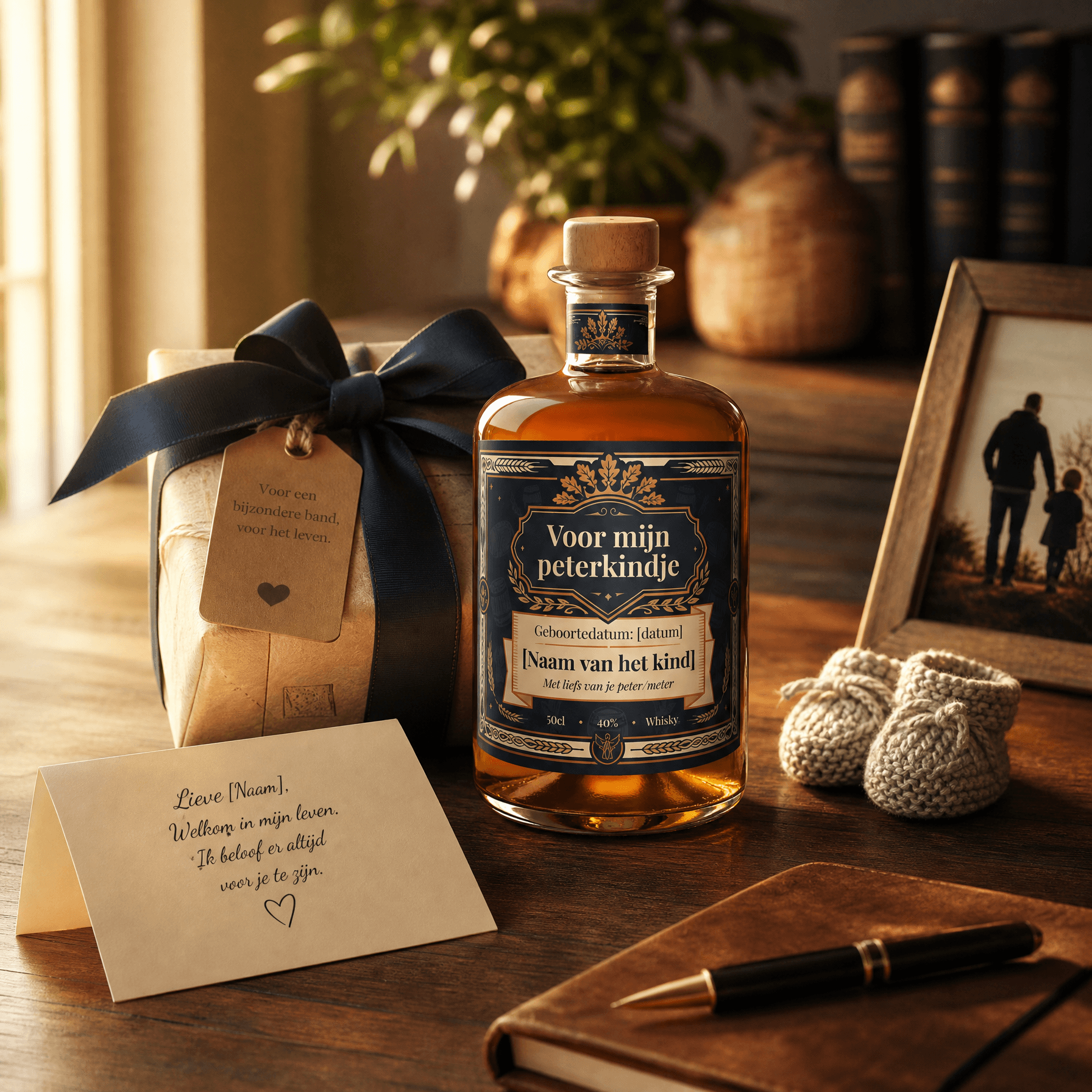 Gepersonaliseerde whisky met bedrukt etiket voor petergeschenk — een doordacht cadeau voor geboorte of communie.