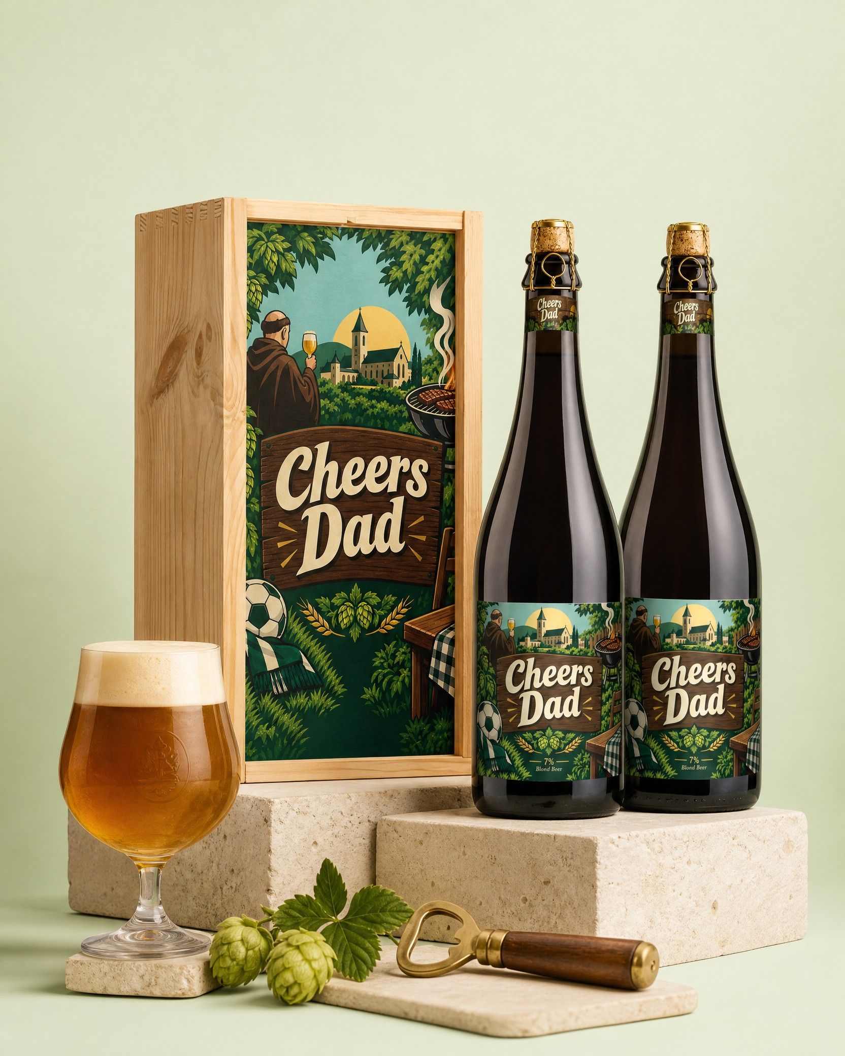Houten kist voor twee flessen bier met bedrukt deksel Cheers Dad en een gevuld bierglas