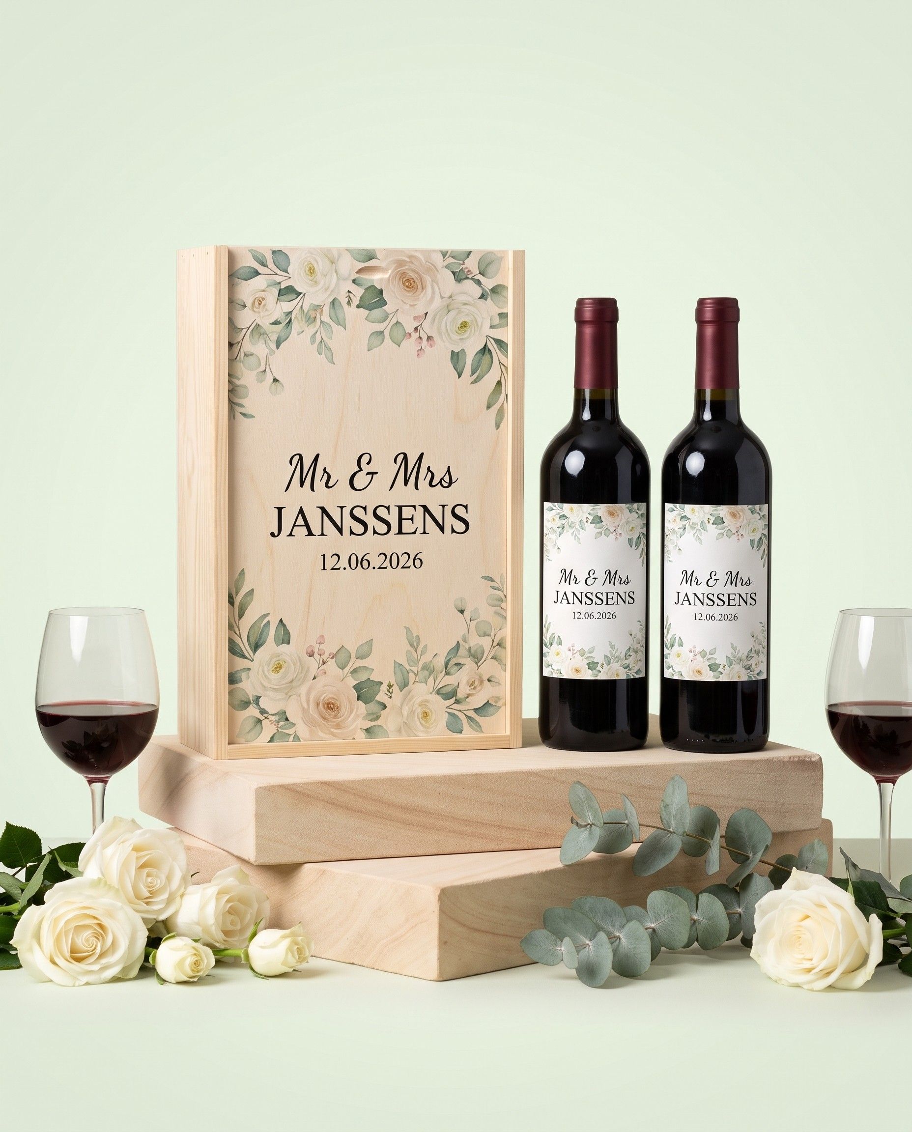 Houten kist voor twee flessen wijn met bloemen op het bedrukte deksel Mr & Mrs Janssens