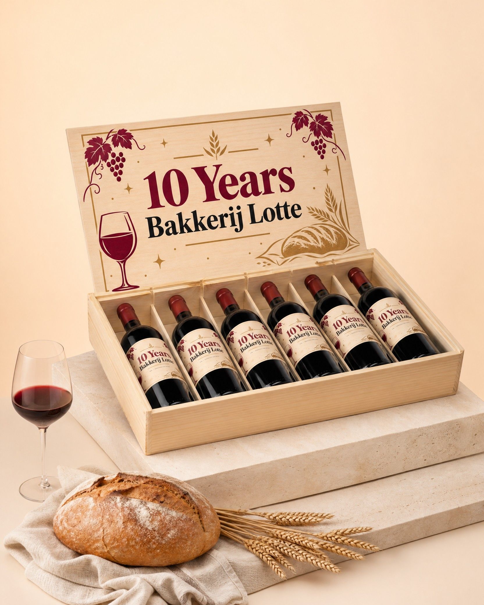 Open houten kist met zes flessen wijn en bedrukt deksel 10 Years Bakkerij Lotte