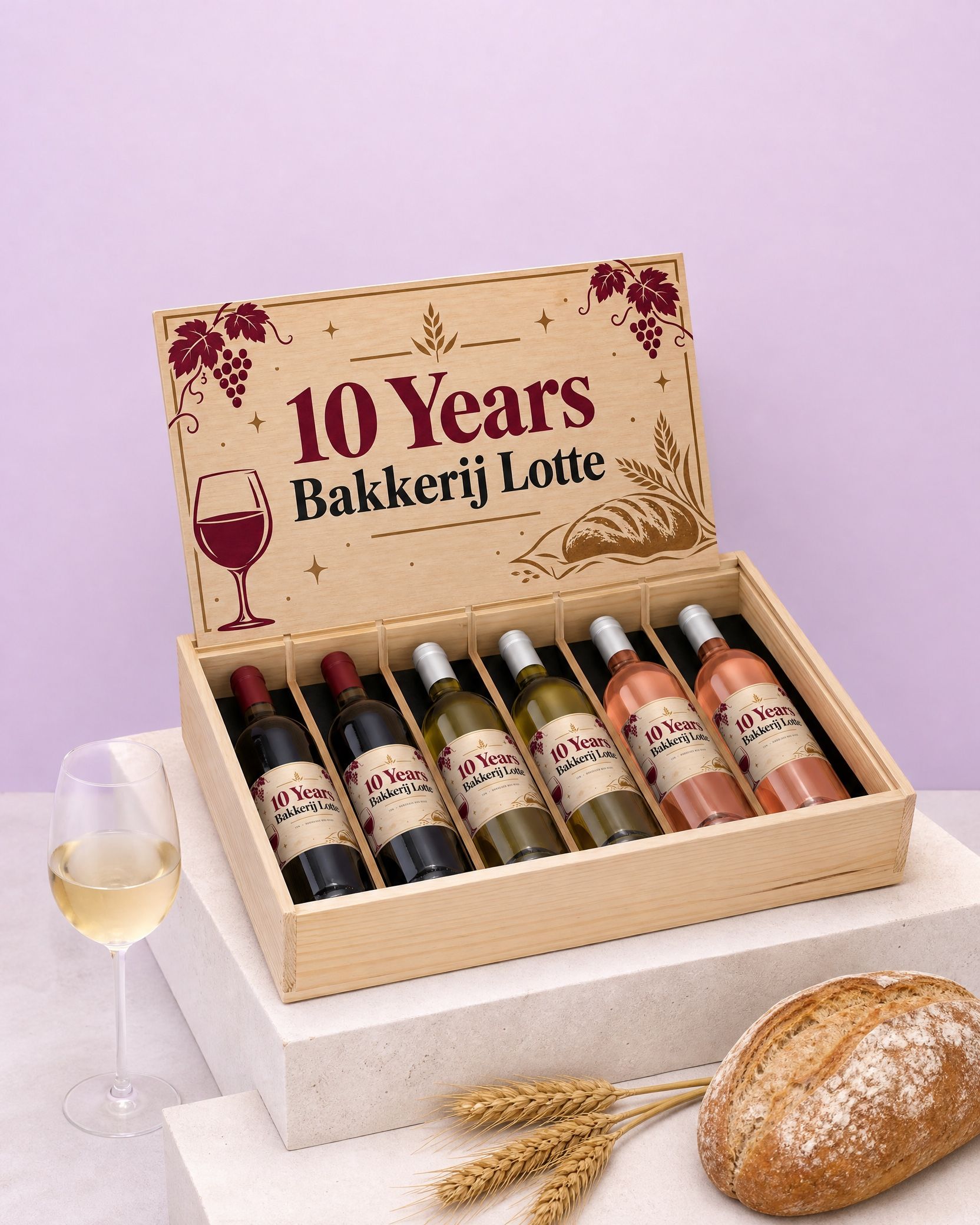 Open houten kist met zes gepersonaliseerde flessen wijn, twee rode, twee witte en twee rosé, en bedrukt deksel 10 Years Bakkerij Lotte