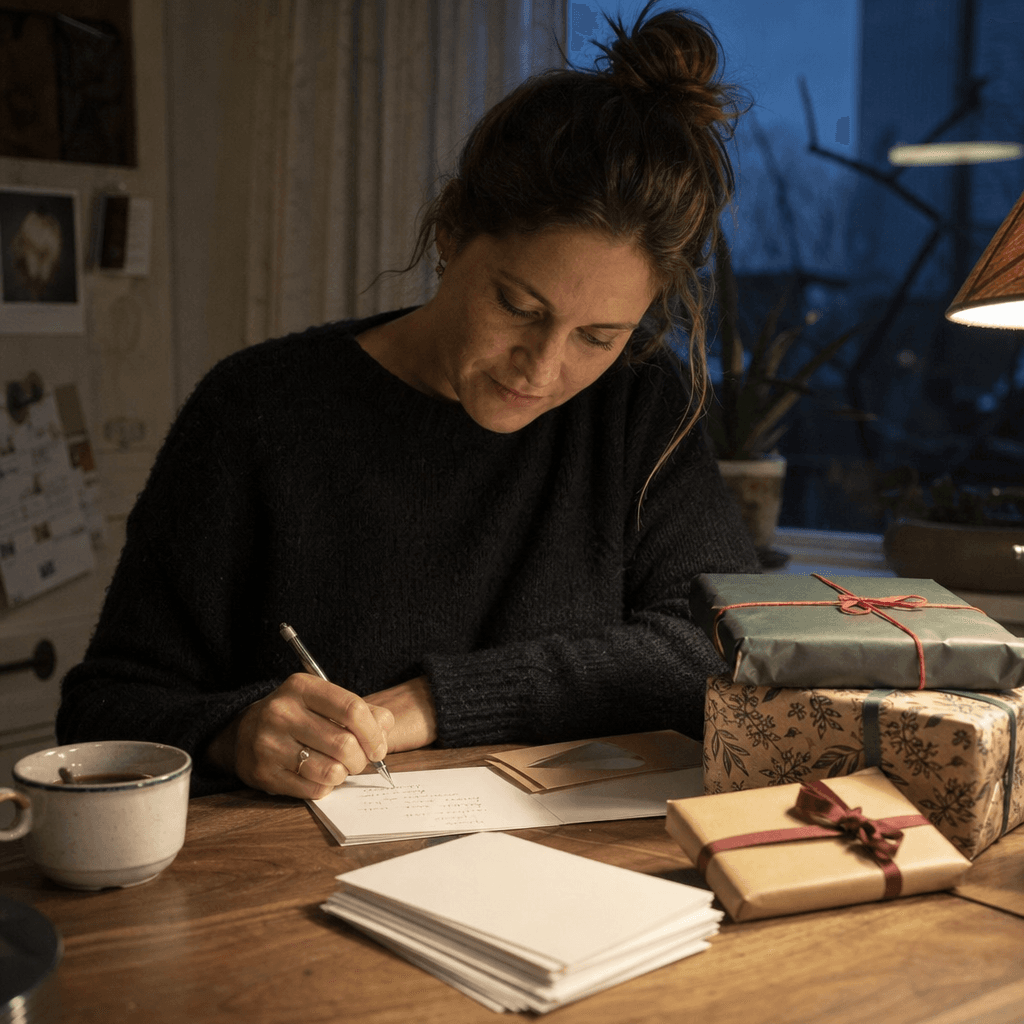 Vrouw schrijft 's avonds met de hand een persoonlijke kerstkaart aan tafel