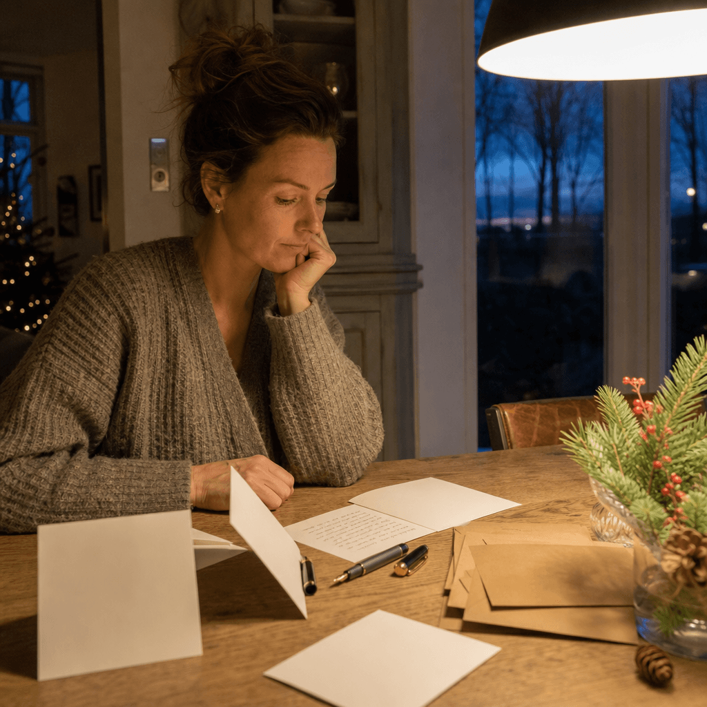 Vrouw schrijft een persoonlijke kerstkaart aan tafel bij lamplicht