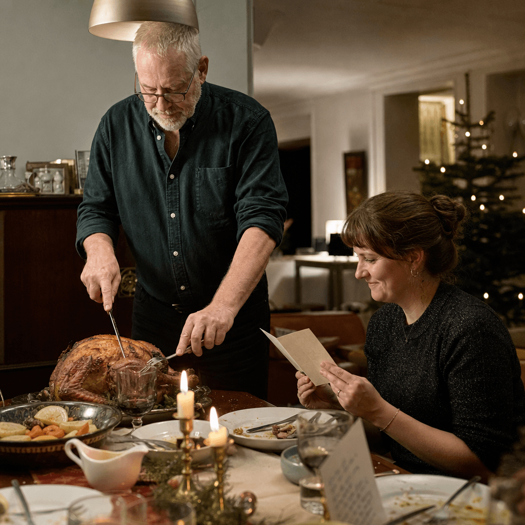 Vader snijdt de kerstkalkoen terwijl dochter een persoonlijke kerstwens leest