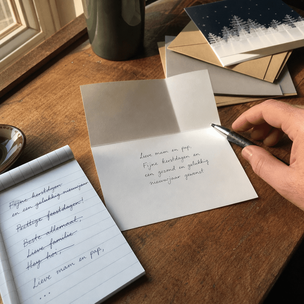 Close-up van een kerstkaart in wording met pen en kladpapier op een bureau