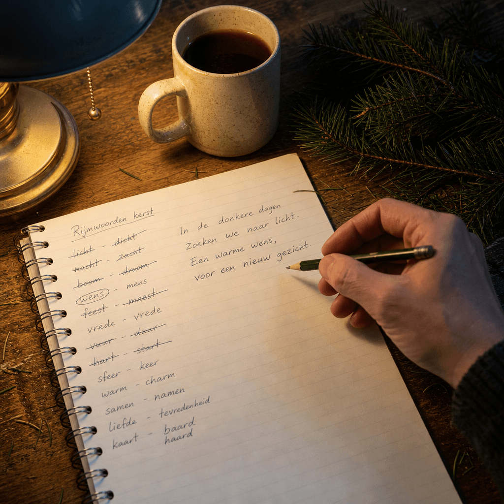 Notitieblok met rijmwoorden en een half geschreven kerstgedicht