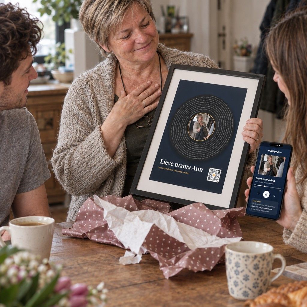 Mama krijgt een kader met haar eigen liedje, de gsm speelt het liedje af