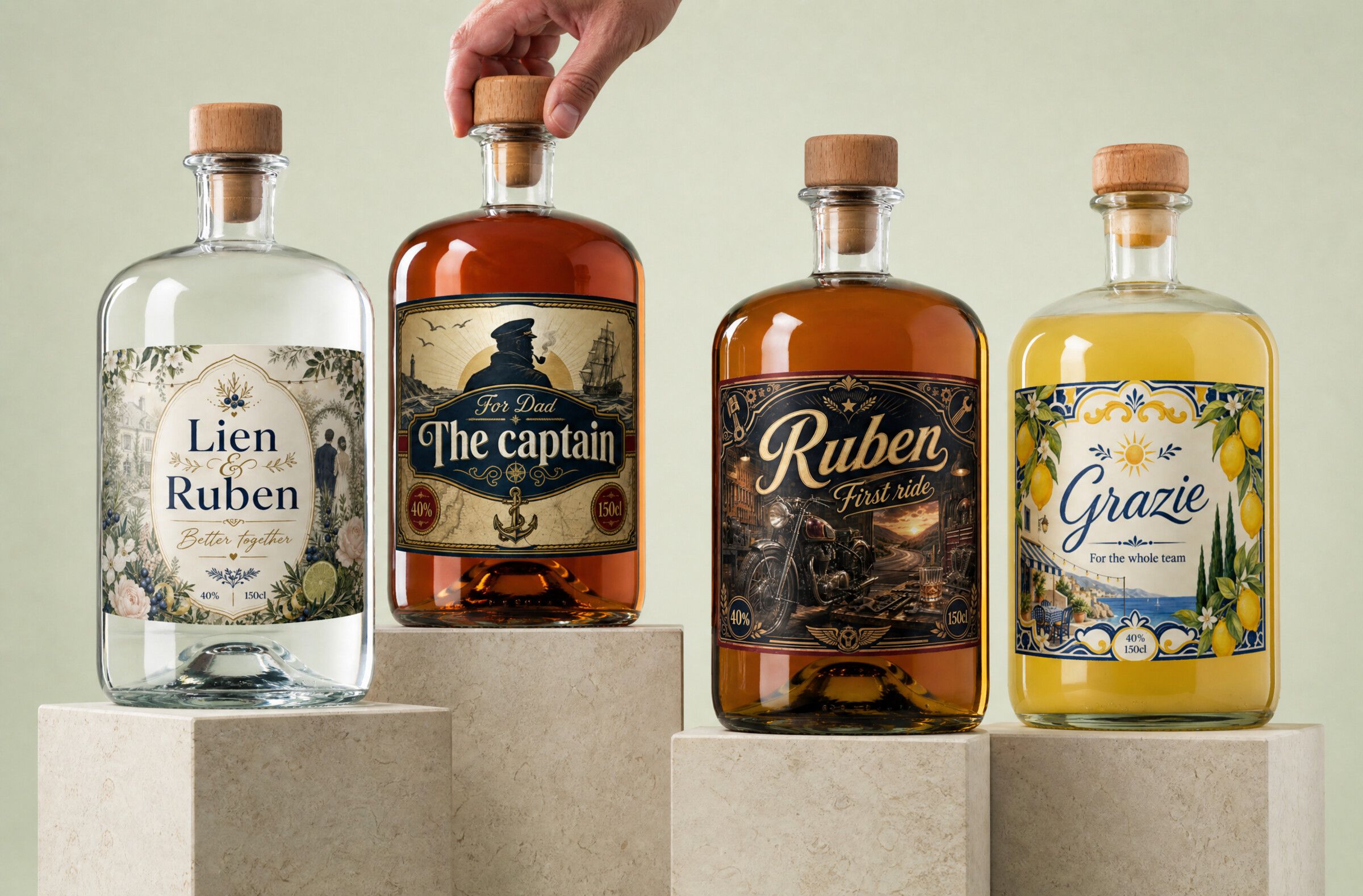 Vier gepersonaliseerde magnumflessen van anderhalve liter — gin, rum, whisky en limoncello — met een hand die de kurk vastpakt als maatvergelijking