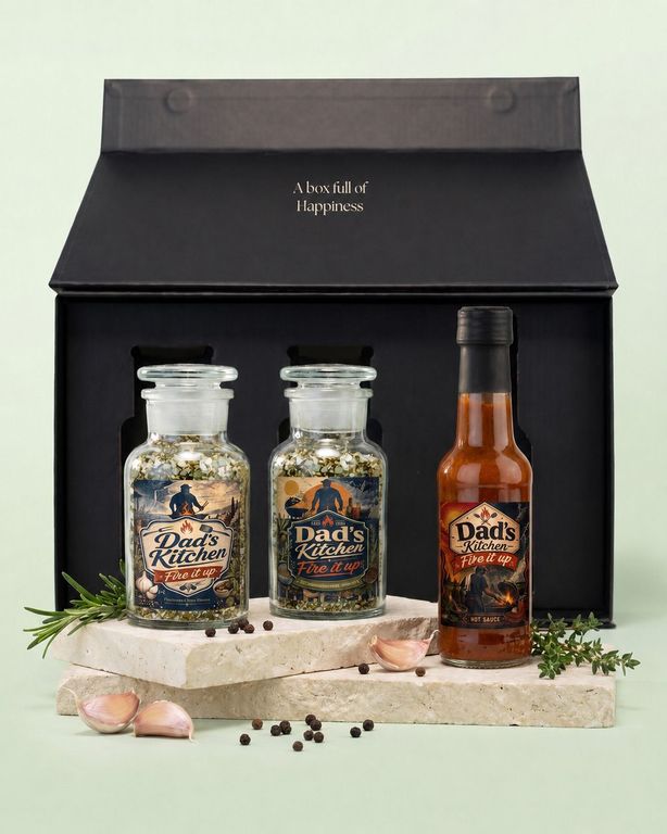 Gepersonaliseerde cadeaubox met kruiden en saus als vaderdagcadeau, twee kruidenpotten en een fles pikante saus voor de geschenkdoos