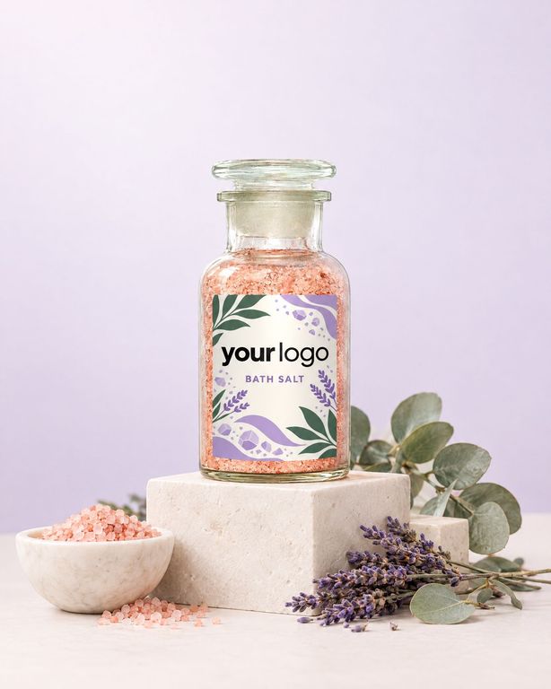 Gepersonaliseerd badzout met bedrijfslogo als relatiegeschenk