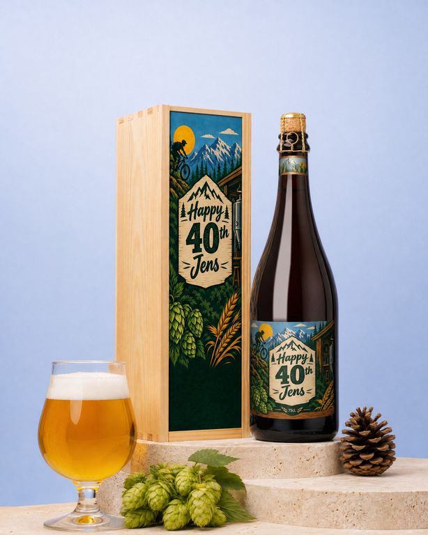 Gepersonaliseerd bier in een houten kist met bedrukt deksel Happy 40th Jens, met een gevuld bierglas en hop