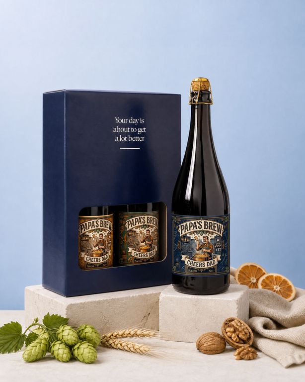 Gepersonaliseerd bierpakket met drie flessen met een eigen etiket voor papa, in de donkerblauwe geschenkdoos