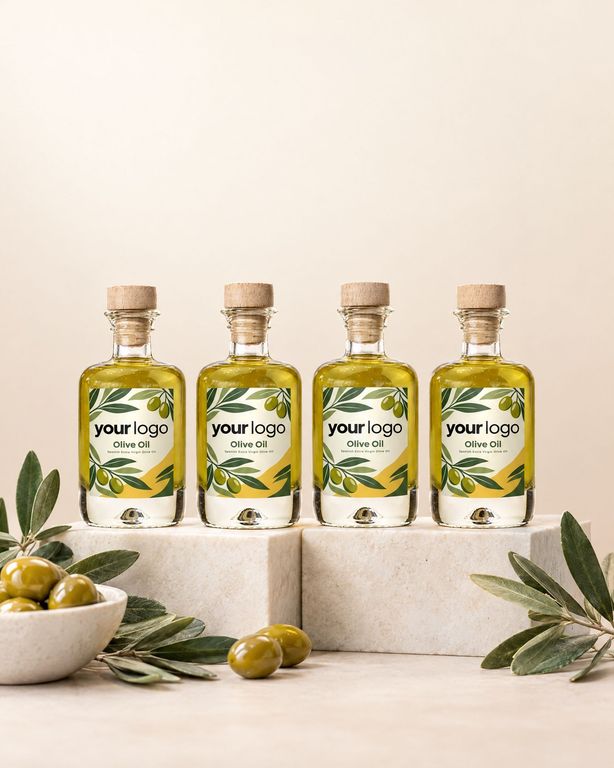 Gepersonaliseerd mini flesje olijfolie met bedrijfslogo als relatiegeschenk