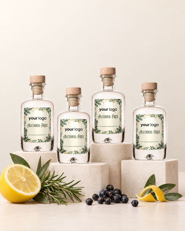 Gepersonaliseerde alcoholische alternatief gin mini flesje met bedrijfslogo als relatiegeschenk