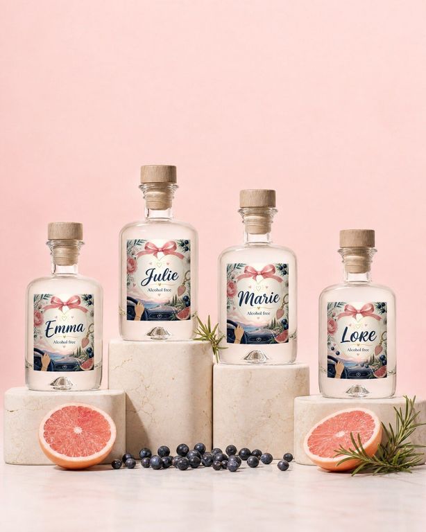 Vier gepersonaliseerde alcoholvrije gin mini flesjes met een eigen naam per flesje