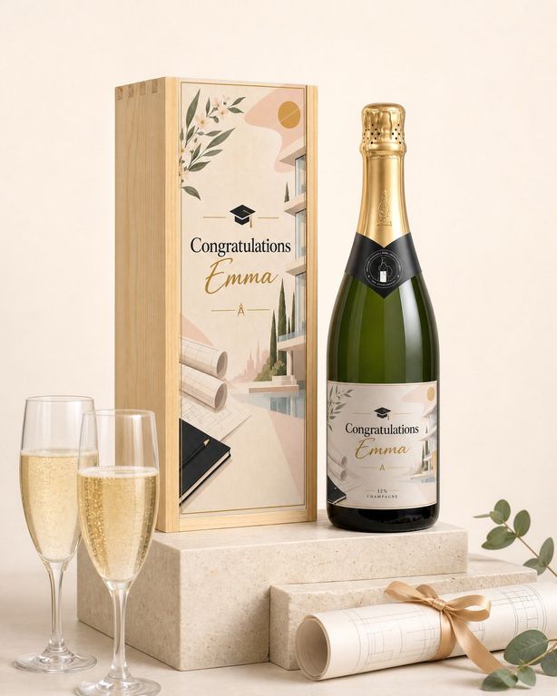 Gepersonaliseerde champagne in een houten kist met bedrukt deksel Congratulations Emma en twee gevulde flutes