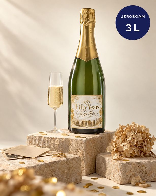 Gepersonaliseerde champagne jeroboam van 3 liter voor een gouden jubileum