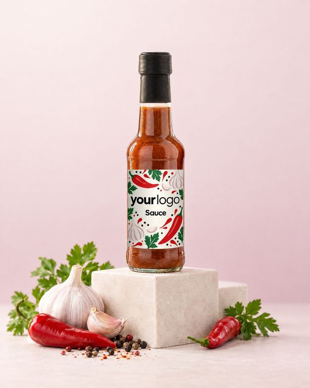 Gepersonaliseerde pikante saus met bedrijfslogo als relatiegeschenk