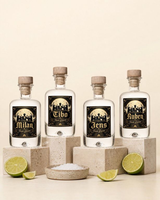 Vier gepersonaliseerde tequila mini flesjes met de namen van de vrienden als vrijgezellencadeau