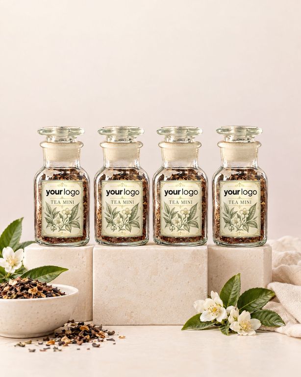 Gepersonaliseerde thee mini met bedrijfslogo als relatiegeschenk