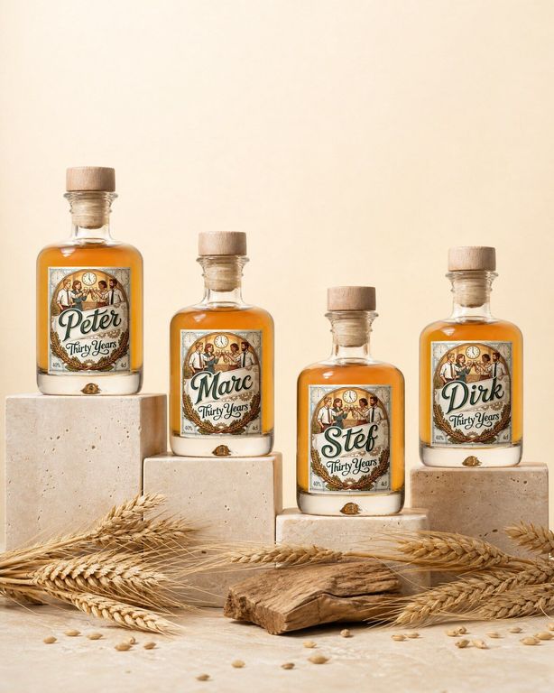 Vier gepersonaliseerde whisky mini flesjes met de namen van de collega's als afscheidscadeau