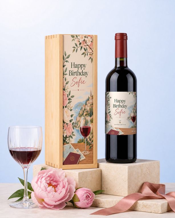 Gepersonaliseerde wijn in een houten kist met bedrukt deksel Happy Birthday Sofie, met pioenrozen en een glas rode wijn