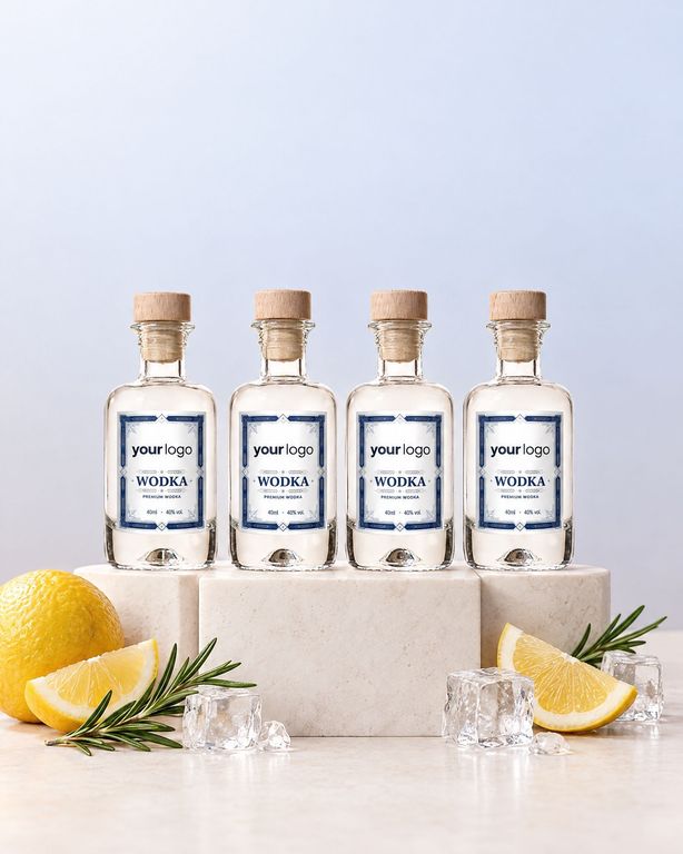 Gepersonaliseerde wodka mini flesje met bedrijfslogo als relatiegeschenk