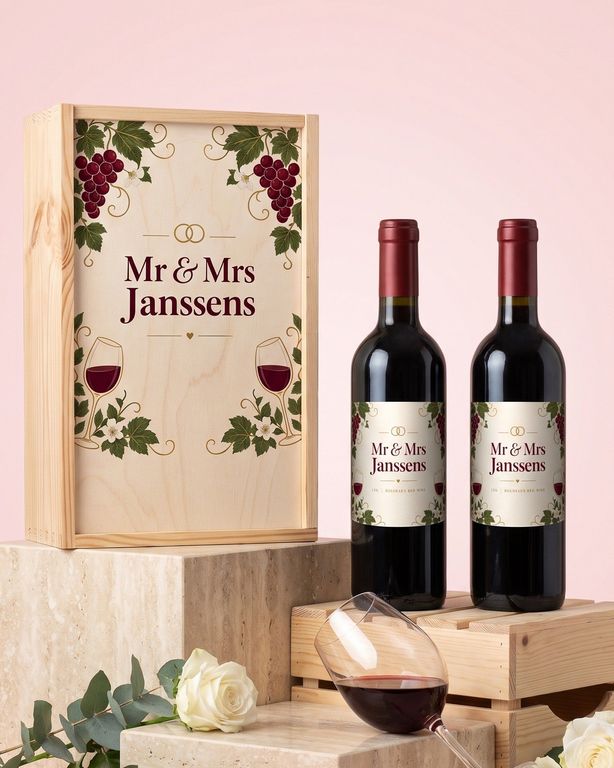 Houten kist voor twee flessen wijn met bedrukt deksel Mr & Mrs Janssens en twee flessen met hetzelfde etiket