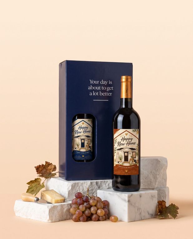 Wijnpakket met twee flessen met een gepersonaliseerd housewarming-etiket, van bovenaf gefotografeerd
