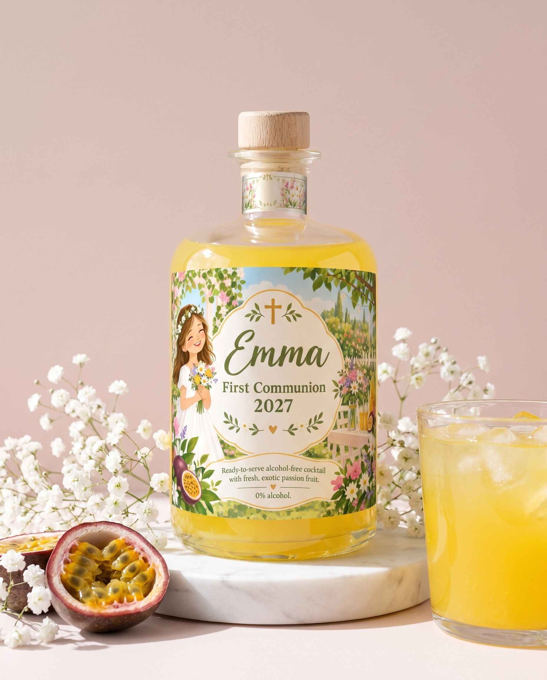 Gepersonaliseerde mocktail passievrucht voor een eerste communie