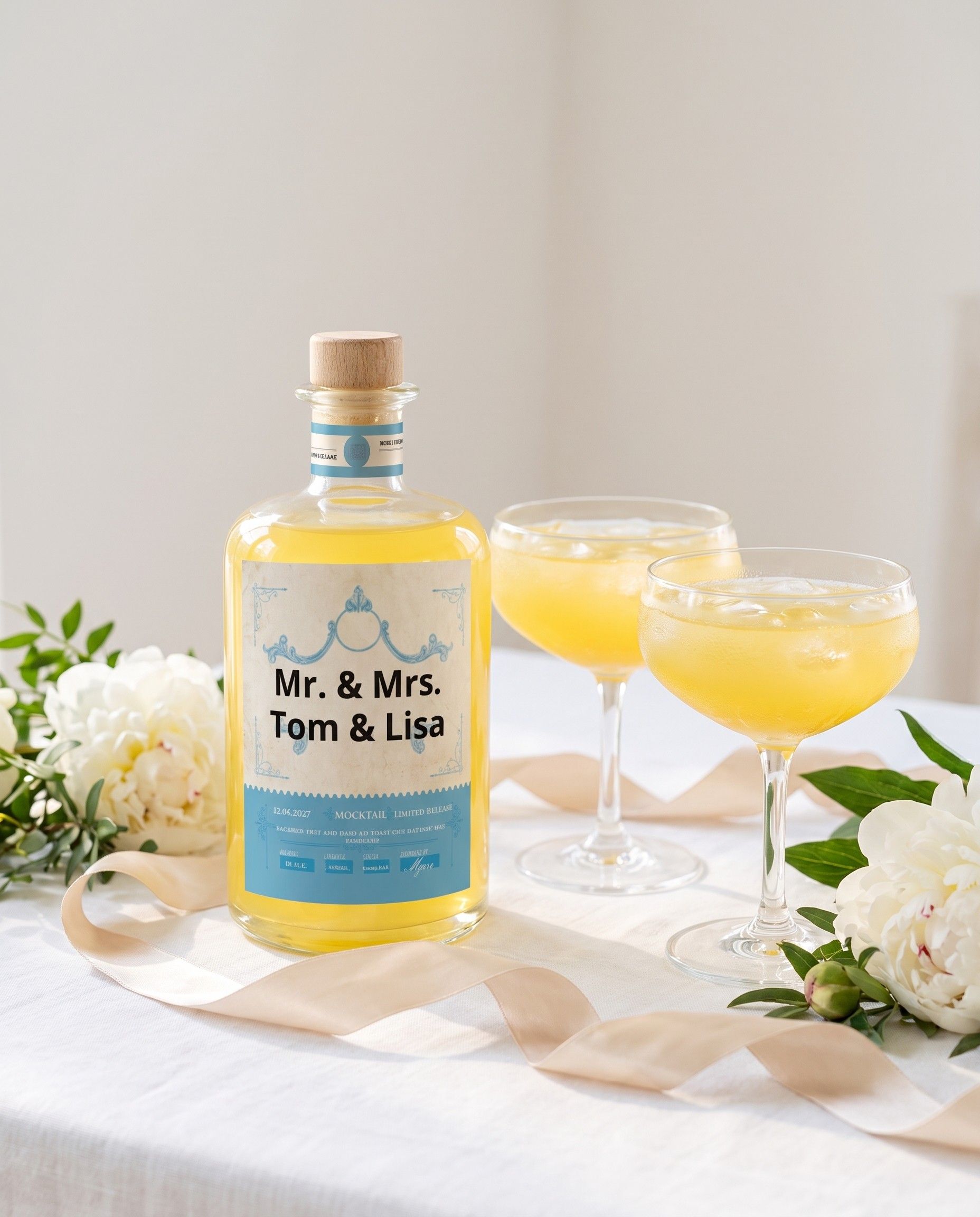 Gepersonaliseerde mocktail met Mr. & Mrs.-etiket op een huwelijkstafel