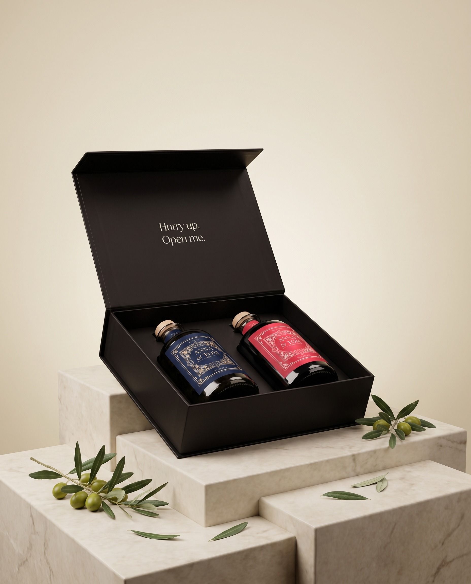 Gepersonaliseerd olijfolie- en balsamicopakket, de geschenkdoos open met beide flessen erin en een eigen etiket voor een koppel