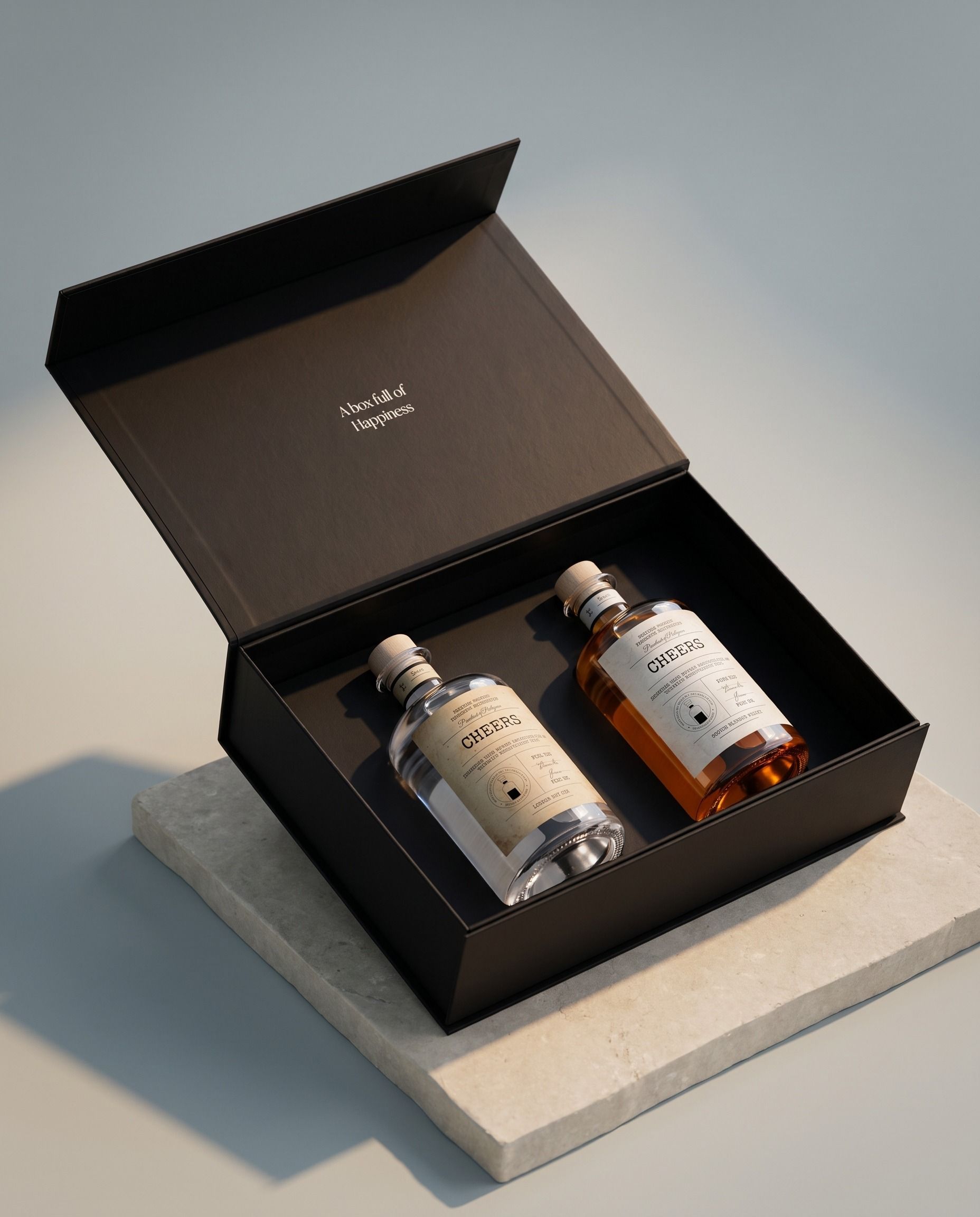 Pakket met twee gepersonaliseerde spirits, de zwarte geschenkdoos open met beide flessen erin