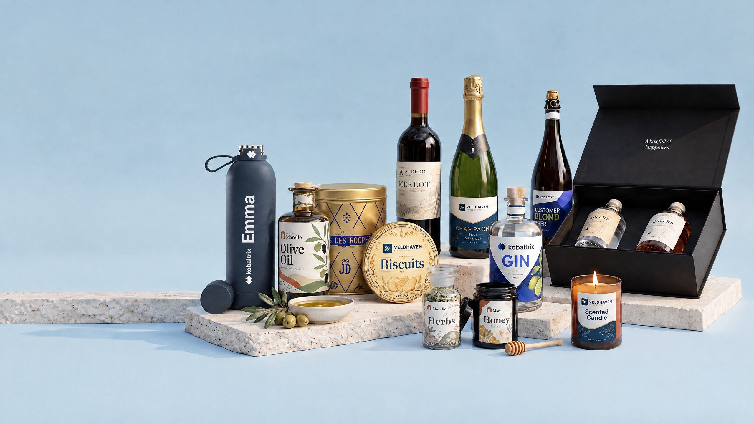 Relatiegeschenken met bedrukte etiketten: koekjestrommel, wijn, champagne, gin, bier, kruiden, kaars, honing, olijfolie, drinkfles en een cadeaupakket