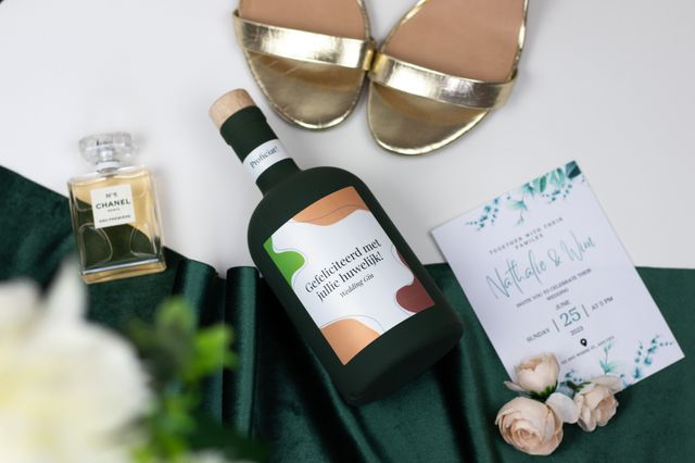 Personalised gin bottle with a wedding congratulations label