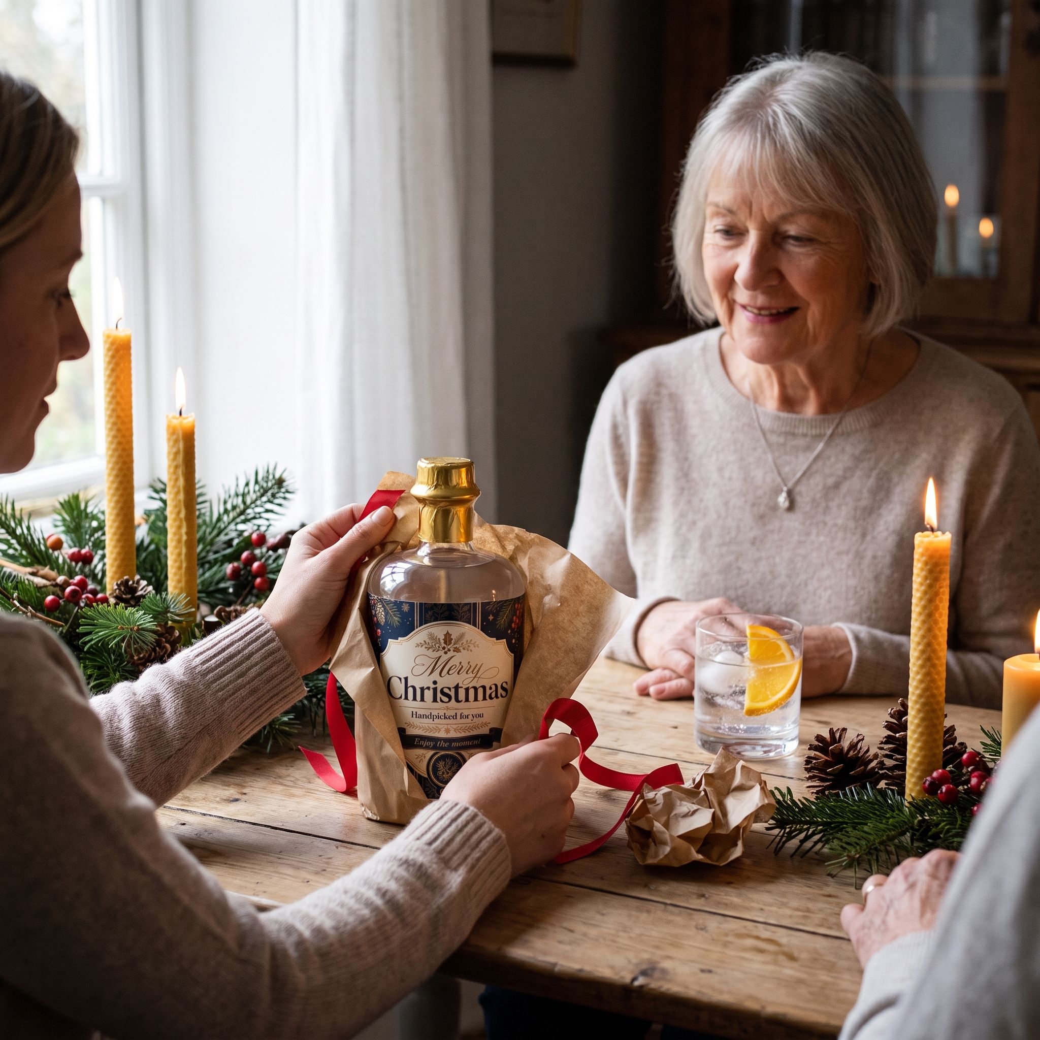 Oma en volwassene pakken samen een gepersonaliseerde fles uit aan een houten tafel in kerstlicht.