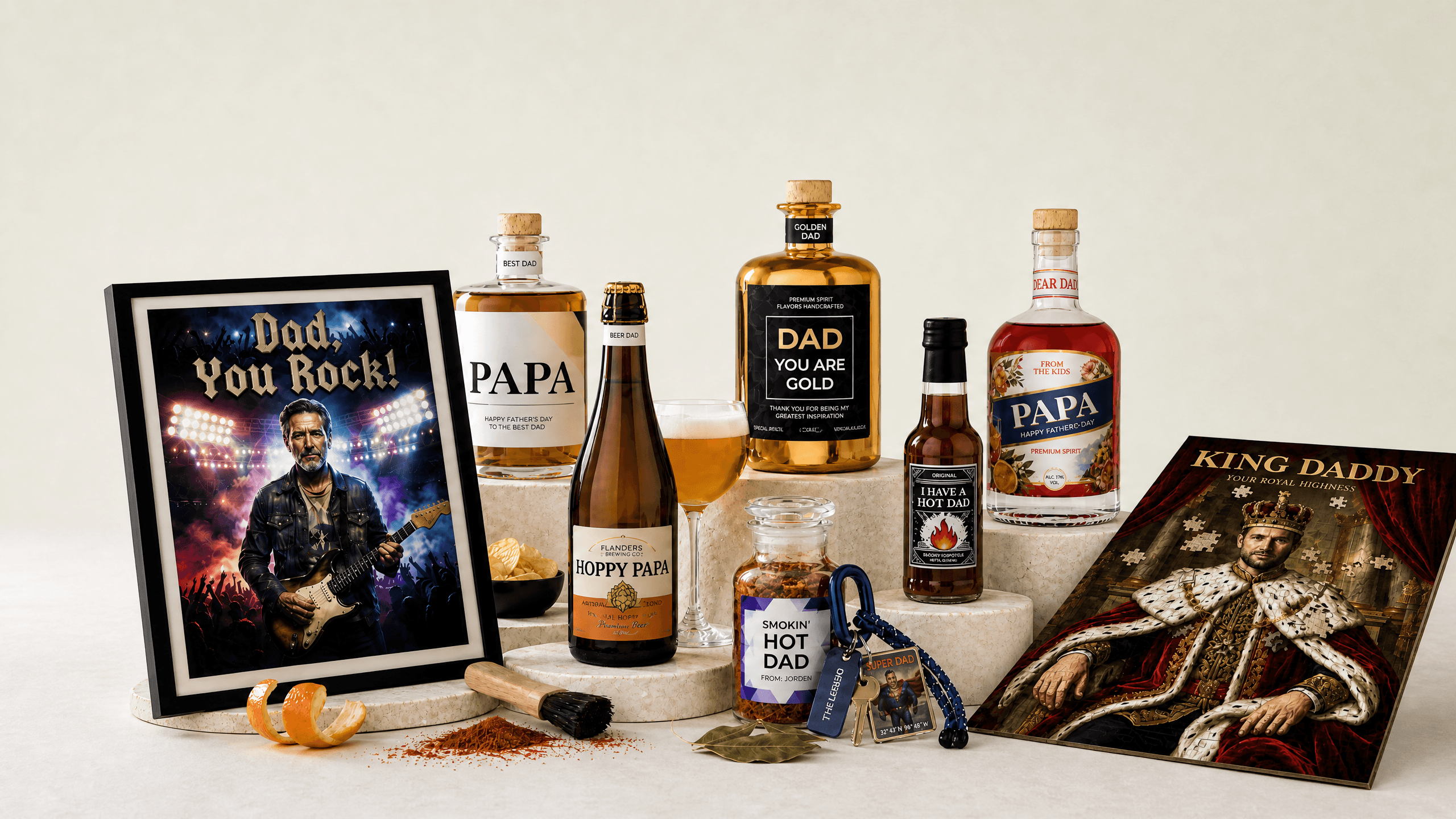 Vaderdag cadeaus van MakeYour — gepersonaliseerde flessen, posters en cadeaus voor papa (desktop banner)