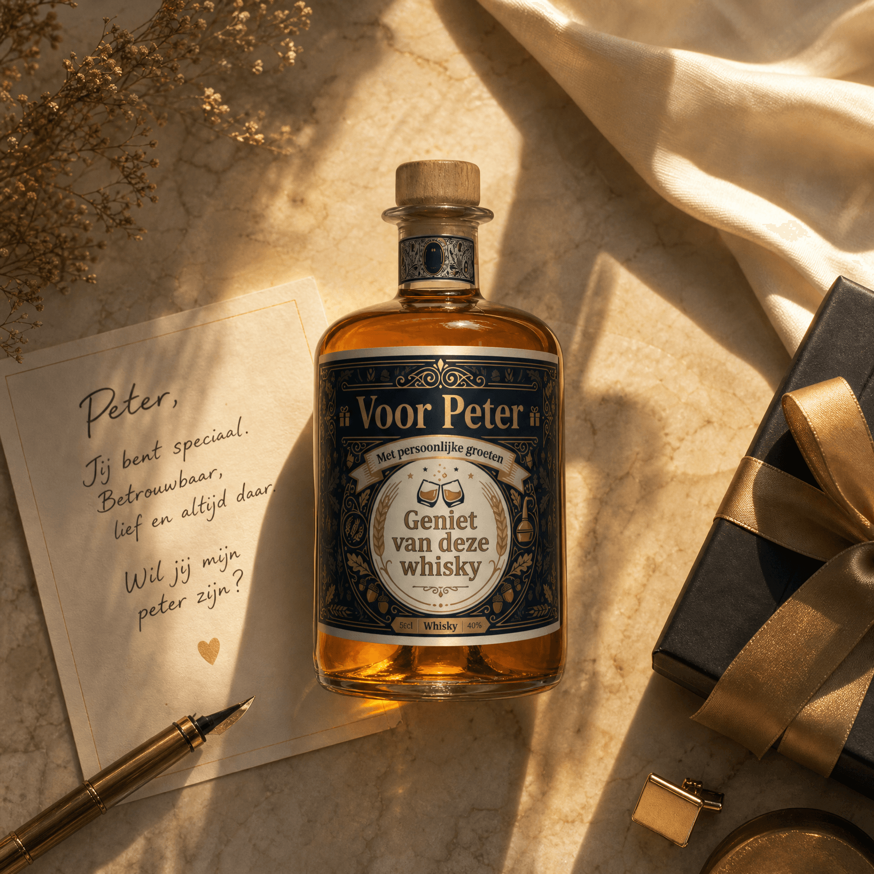 Gepersonaliseerde whisky fles met bedrukt etiket voor de aanvraag als peter, staand op elegant oppervlak met warm licht.