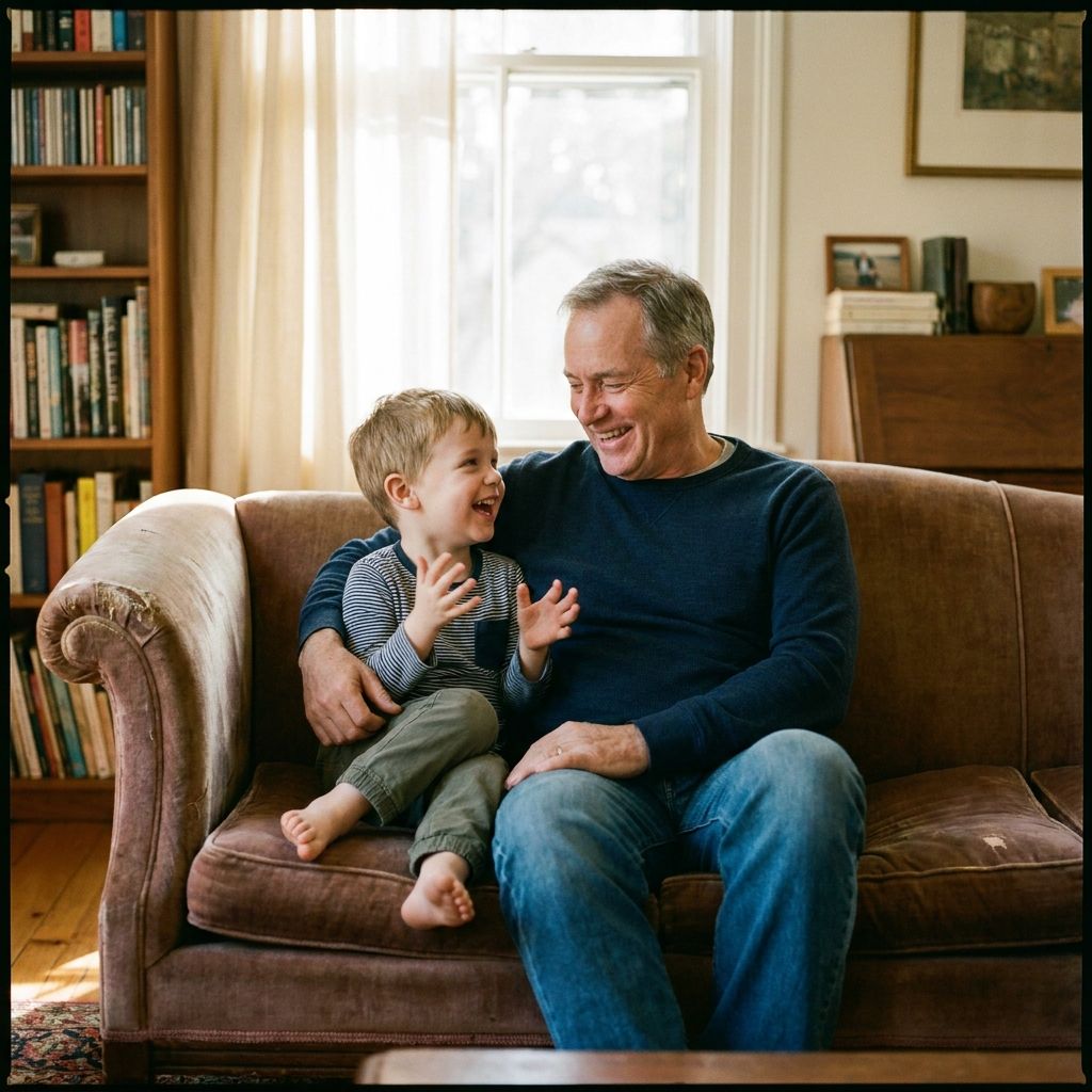 Peter en petekind delen een warm moment samen, zonder cadeau, symbool voor hun band
