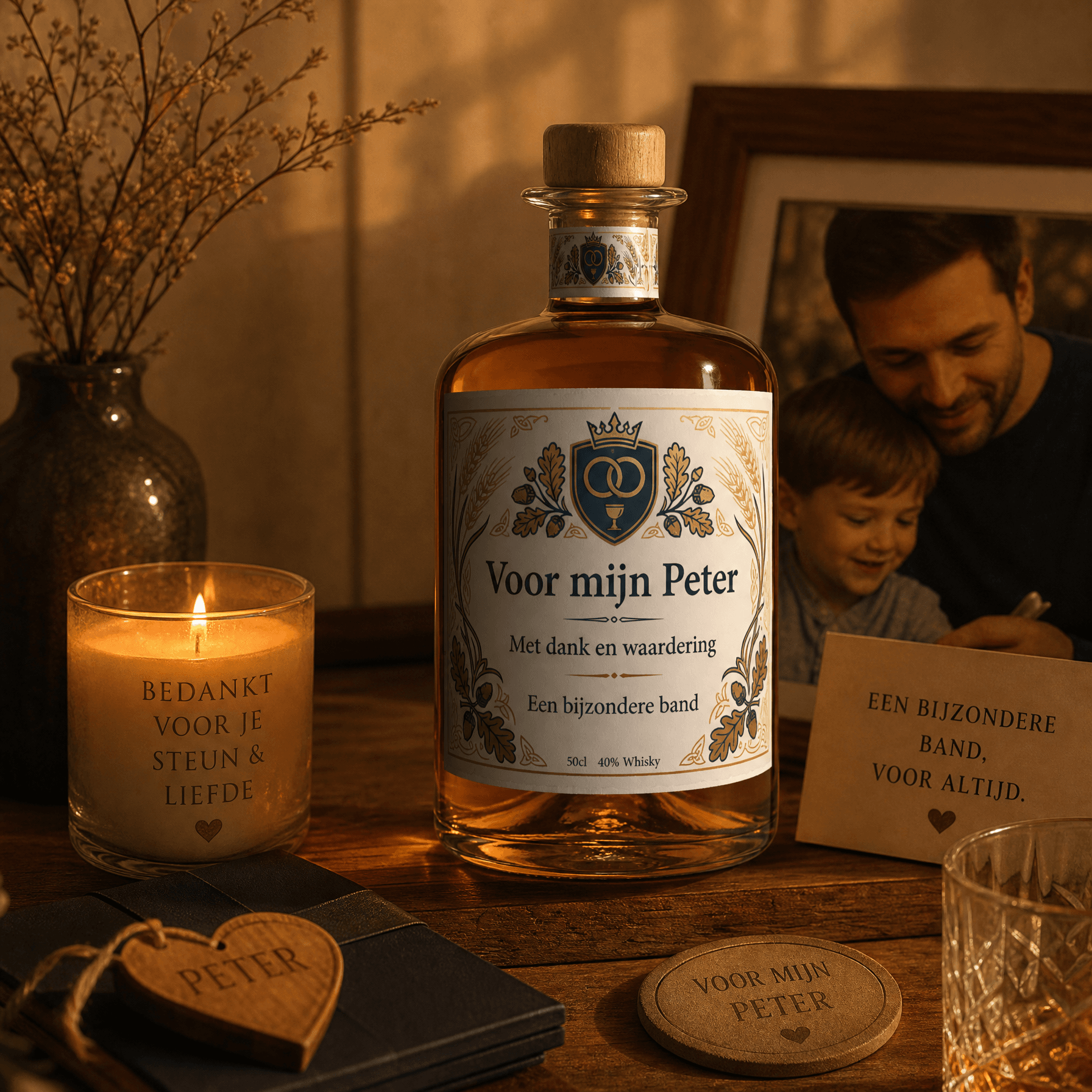 Gepersonaliseerde whisky-fles met bedrukt etiket als peter-cadeau, elegant op houten tafel met warm licht en familiemomenten.
