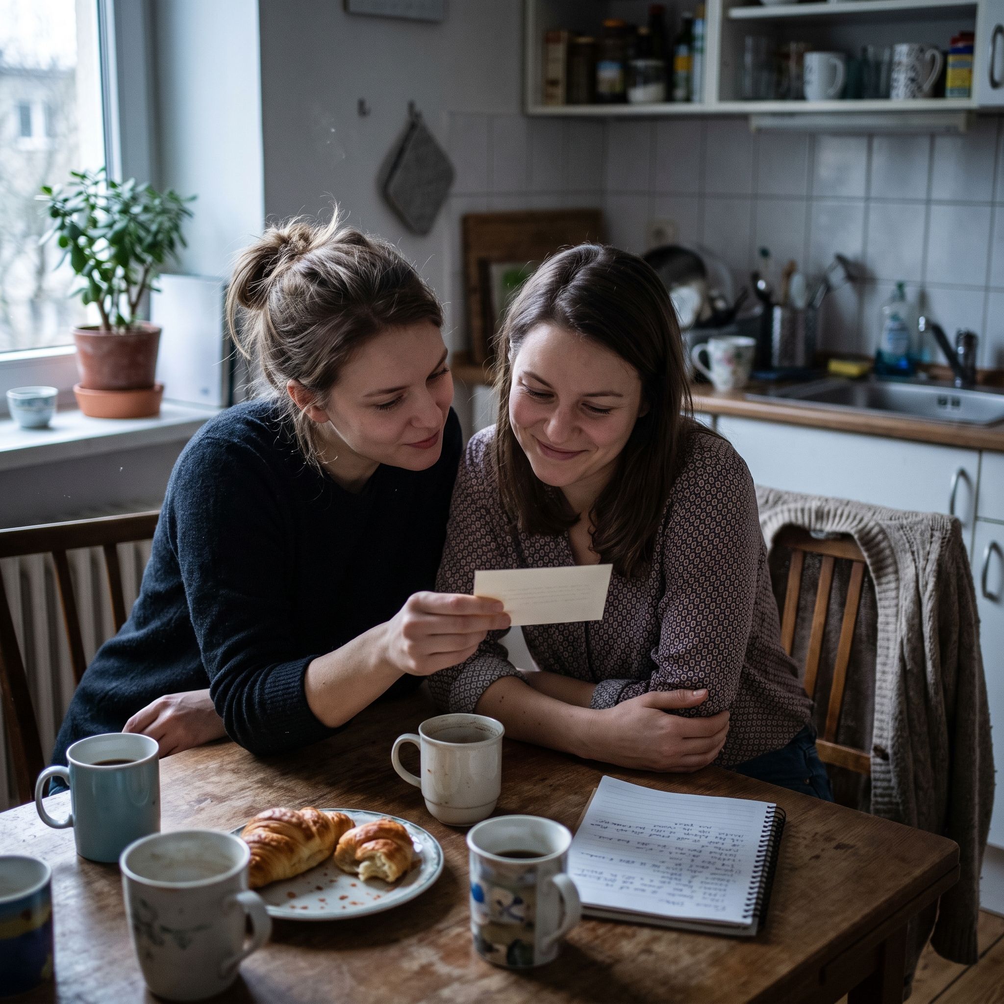 Twee vriendinnen aan keukentafel met handgeschreven kaartje, moment van getuige vragen