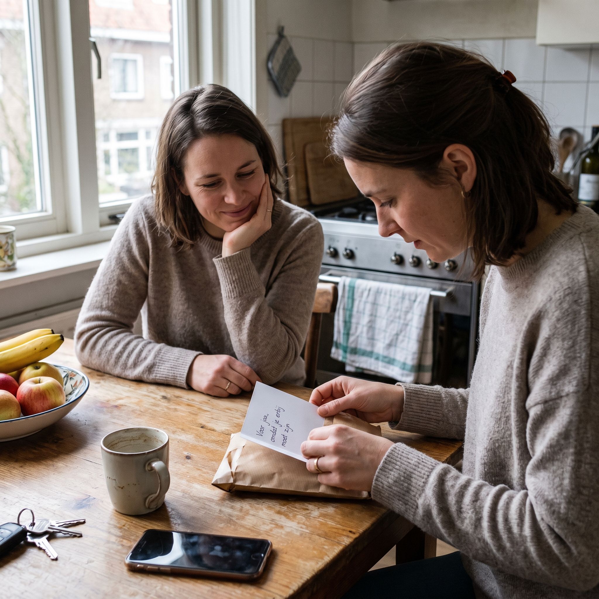 Vrouw leest handgeschreven kaartje bij klein cadeau aan keukentafel, zus kijkt glimlachend toe
