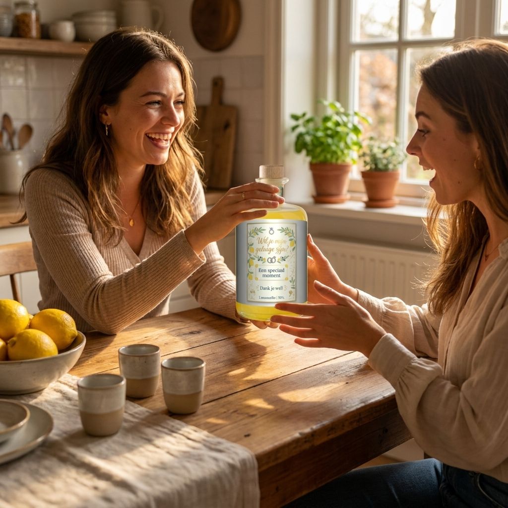 Gepersonaliseerde limoncello als kado bij het vragen van een getuige