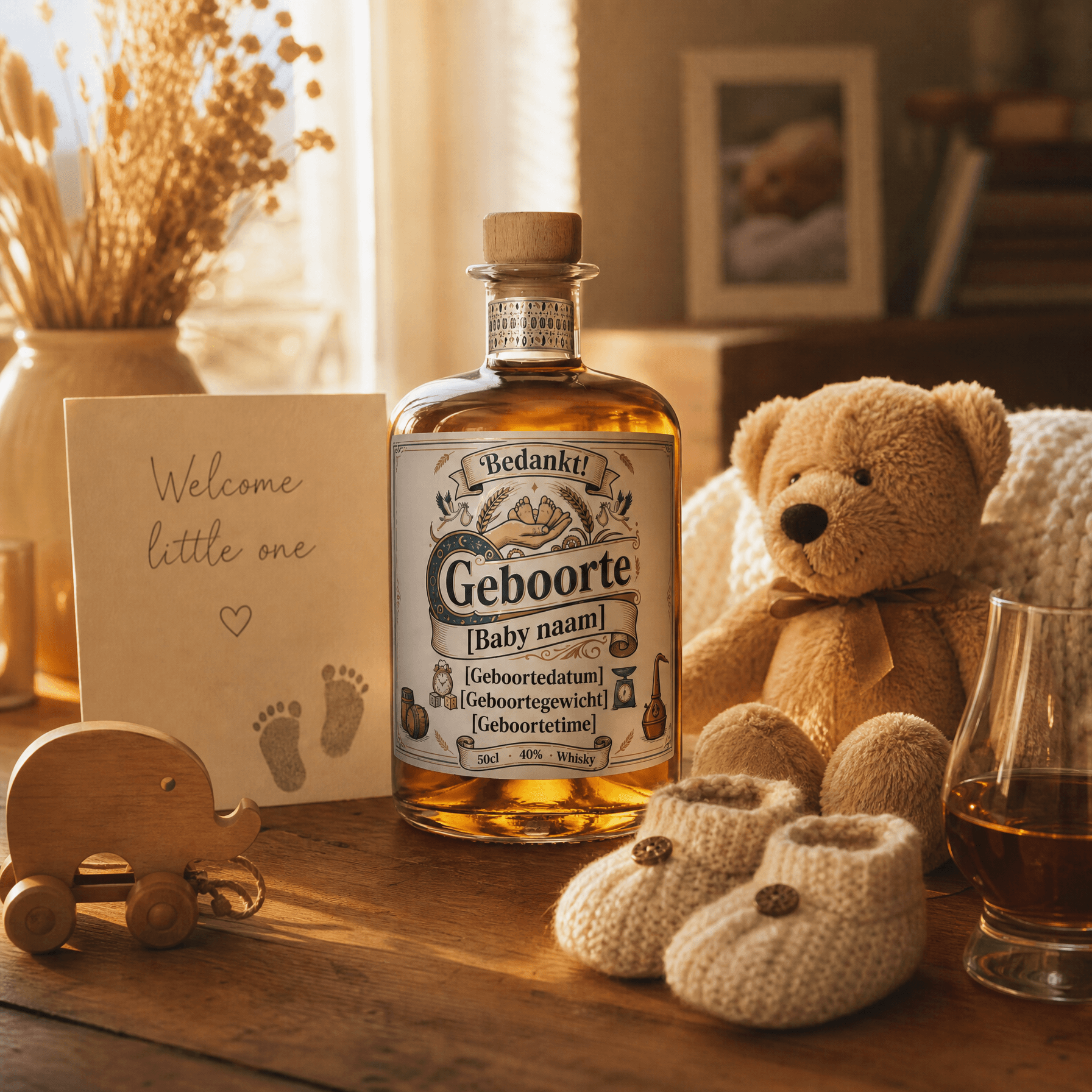 Gepersonaliseerde whisky met geboortegegevens op het etiket, bedankje van peter aan ouders bij geboorte.