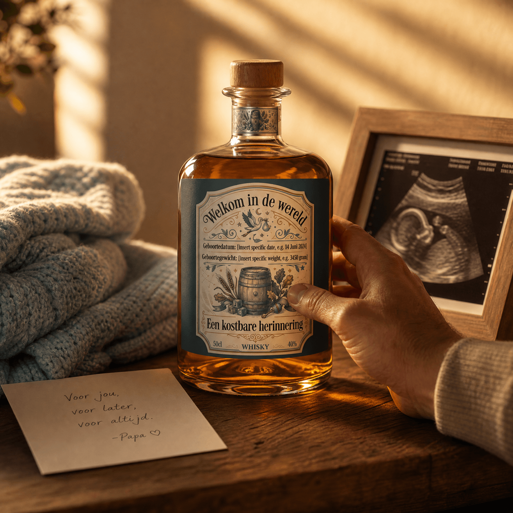 Gepersonaliseerde whiskyfles met bedrukt babylabel als geboortegeschenk voor papa, omringd door babyfoto en zacht licht.