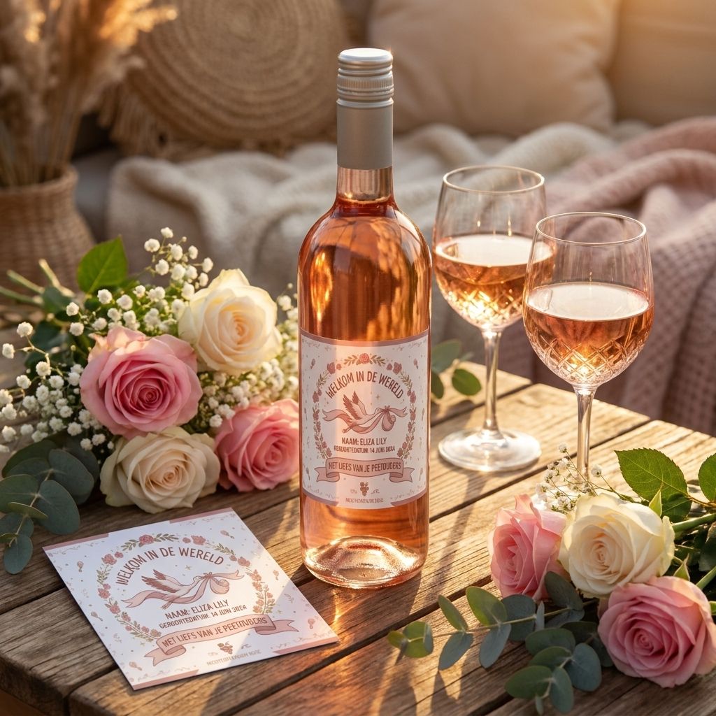 Gepersonaliseerde rosé wijn met bedrukt geboorteetiket, omgeven door bloemen en geboortekaartje in zachte goudlicht.