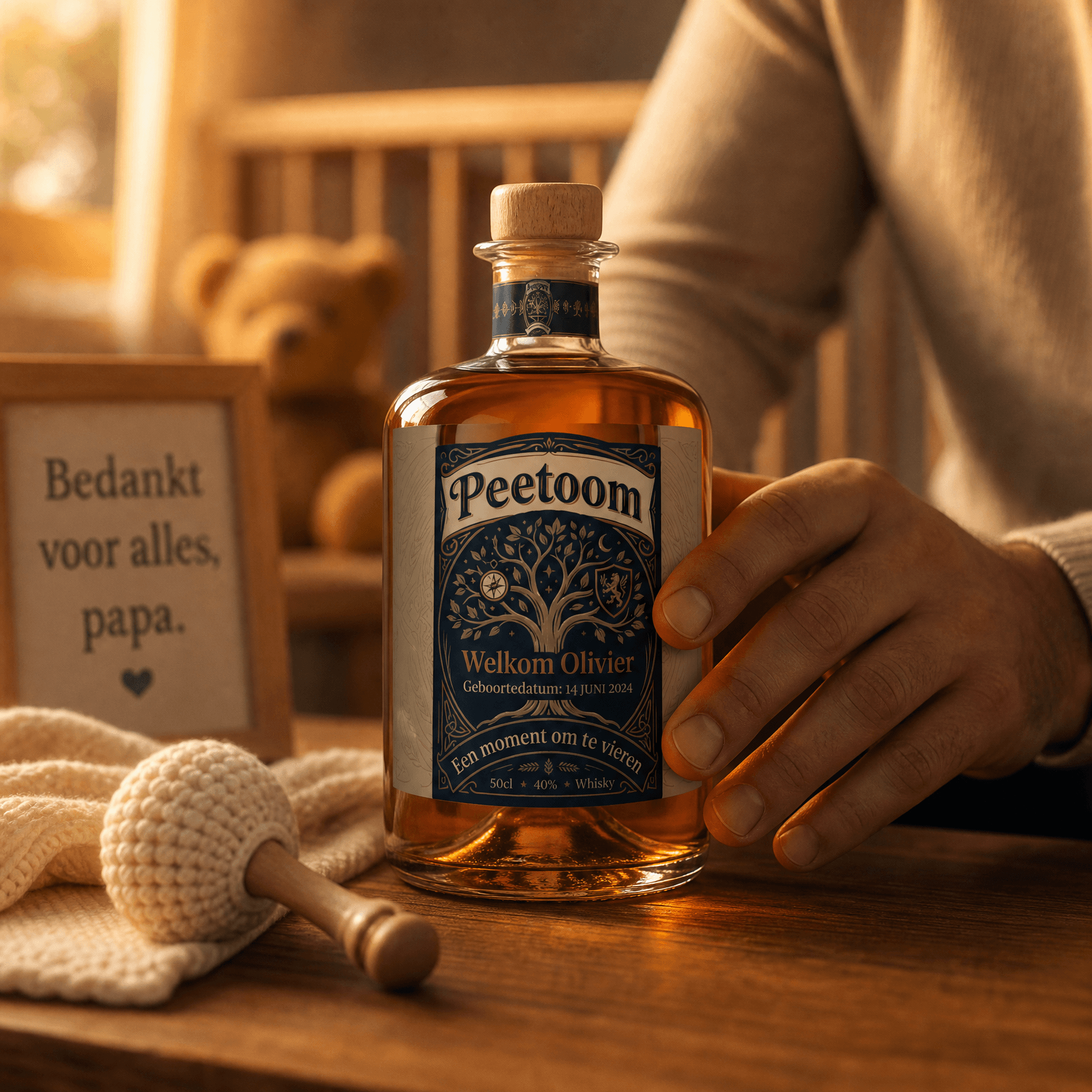 Gepersonaliseerde whisky met bedrukt geboortelabel, cadeau voor de peter bij de geboorte van het kind.