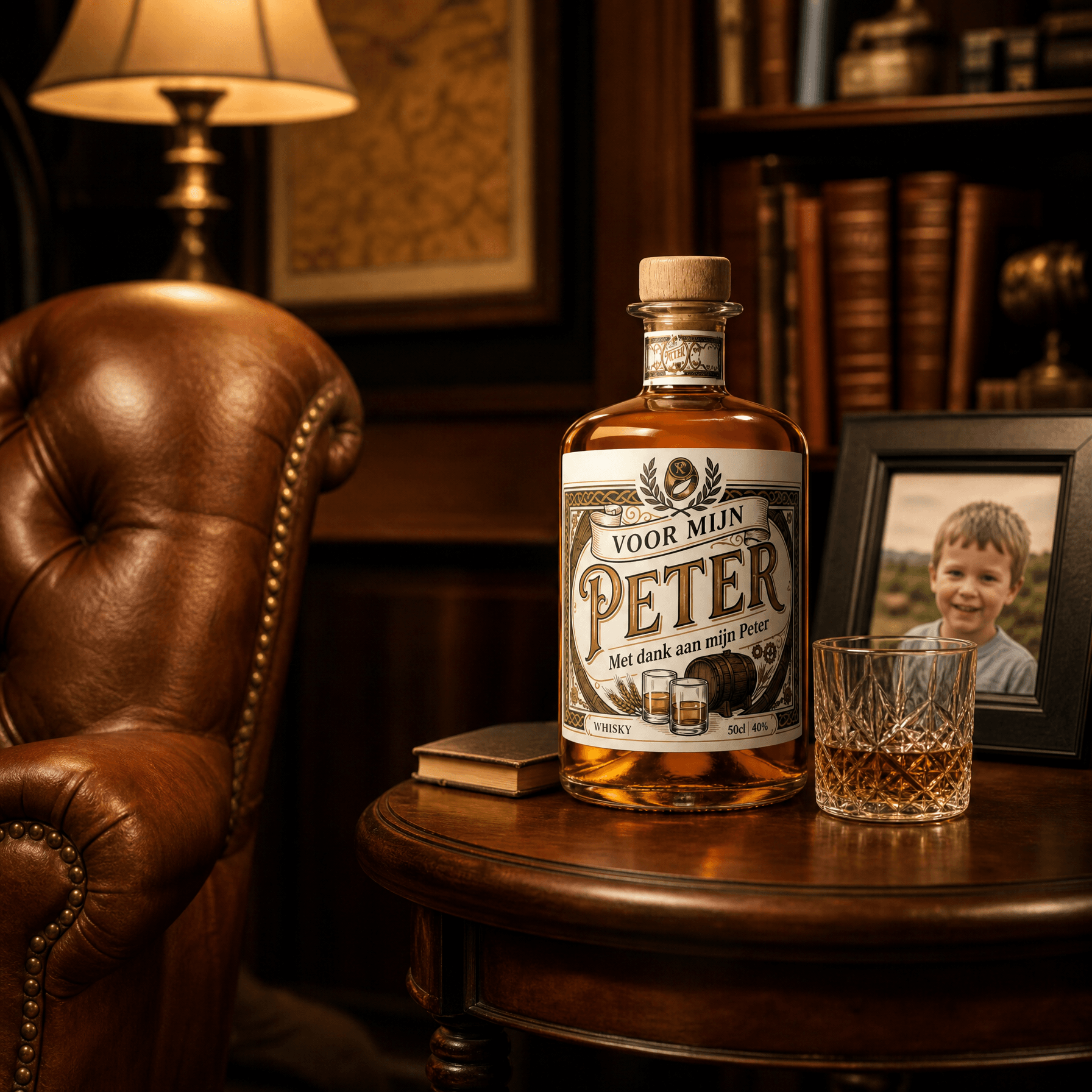 Gepersonaliseerde whisfles met bedrukt label 'Voor mijn Peter' op houten tafel in warme, vertrouwde sfeer — een betekenisvol peter cadeau.